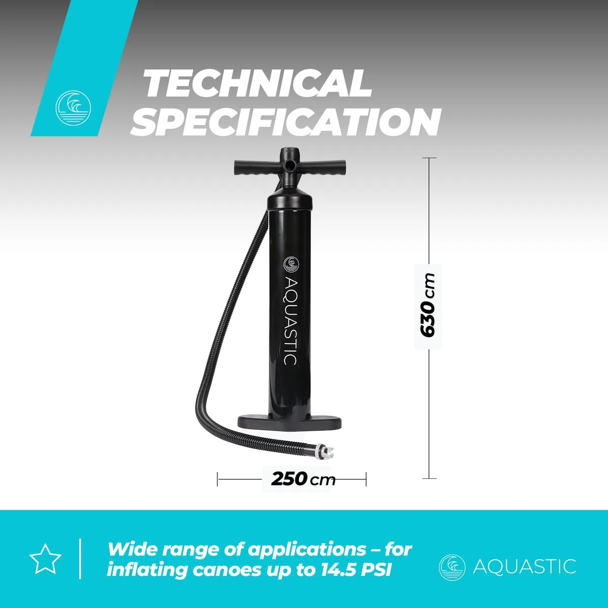 AQUASTIC Pompa a mano per kayak con manometro integrato Pressione 14,5 PSI / 1 bar Due Vani con capacità 3 litri Tubo lungo 125 cm Nero AQS-KPU001