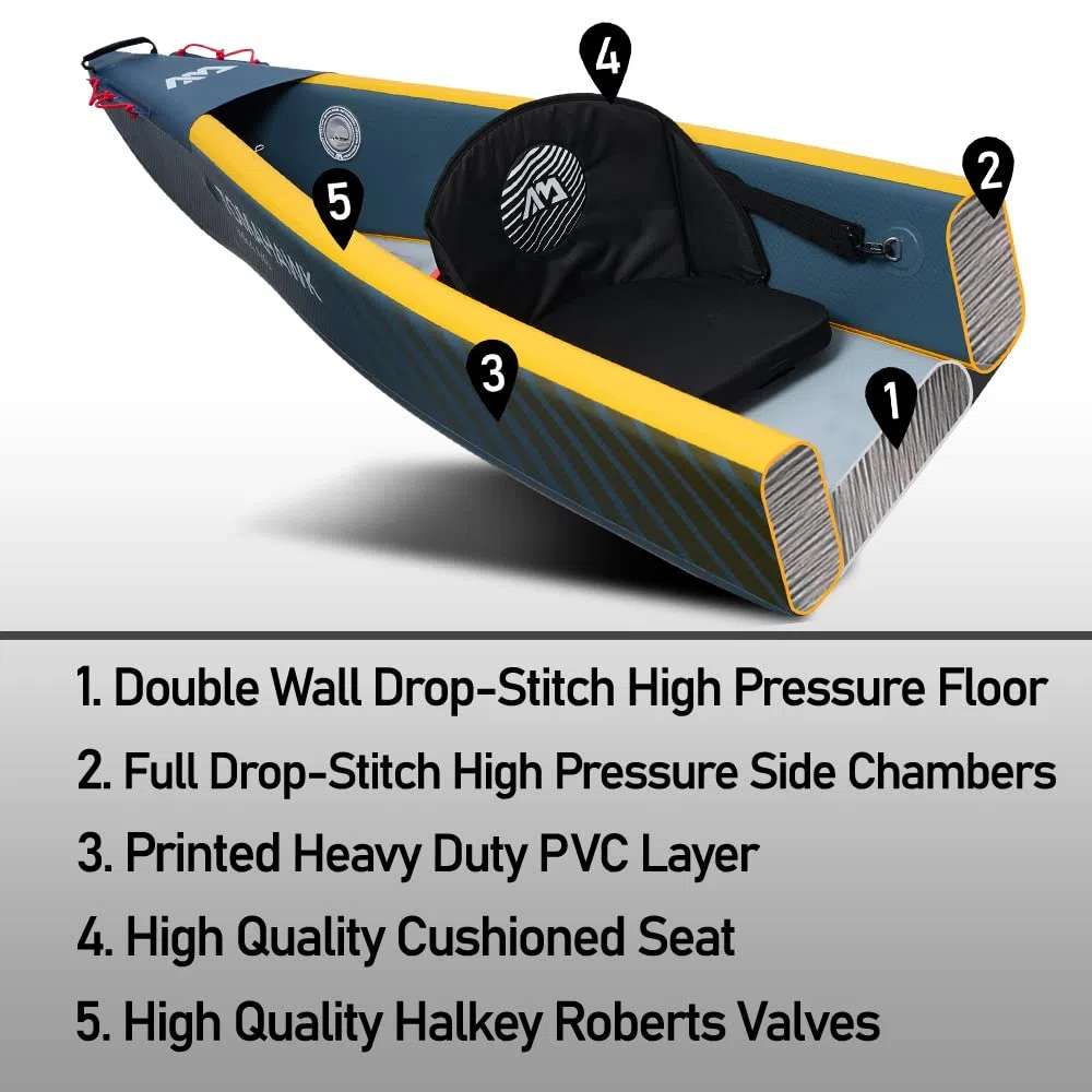 Aqua Marina Tomahawk AIR-C - Kayak/canoa gonfiabile ad alta pressione, per 2-3 persone, lunghezza 478 cm, colore: blu marino/giallo
