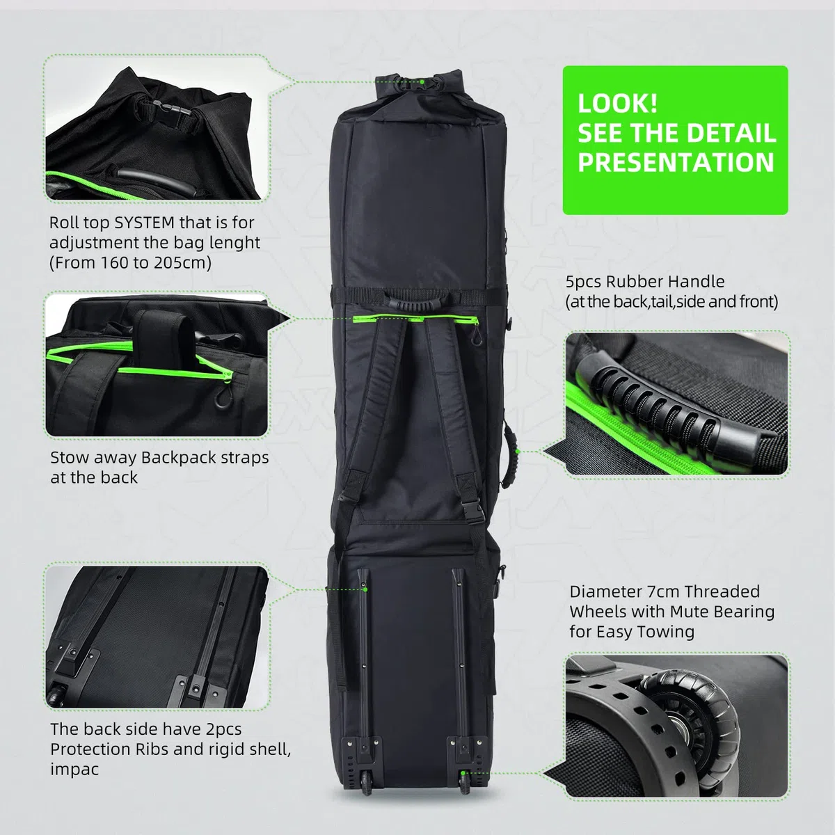 XCMAN - Borsa da Snowboard con Ruote, Lunghezza Regolabile per Viaggi in Aereo, Extra Lunga, Larga, Profonda, Impermeabile, con Stecche di Protezione in ABS e Dorso in Polipropilene, Versione 2020