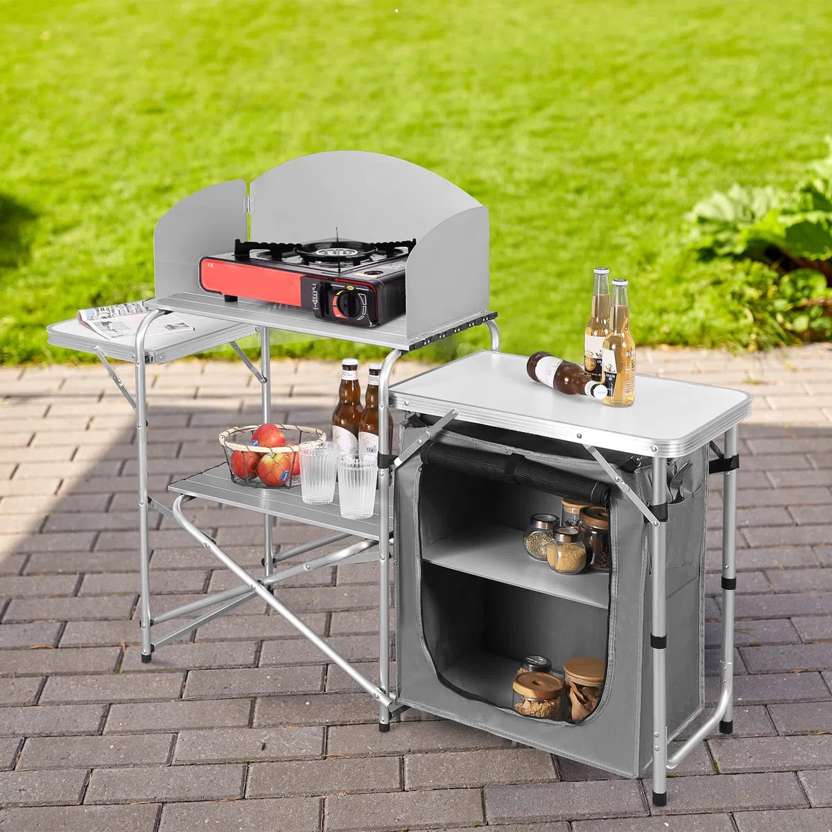 WOLTU Mobile Cucina da Campeggio Tavolo Pieghevole da Giardino Armadio da Campeggio Tavolo Campeggio Tavoli a Valigetta da Balcone da Cucina in Alluminio e MDF con Sacca di Trasporto