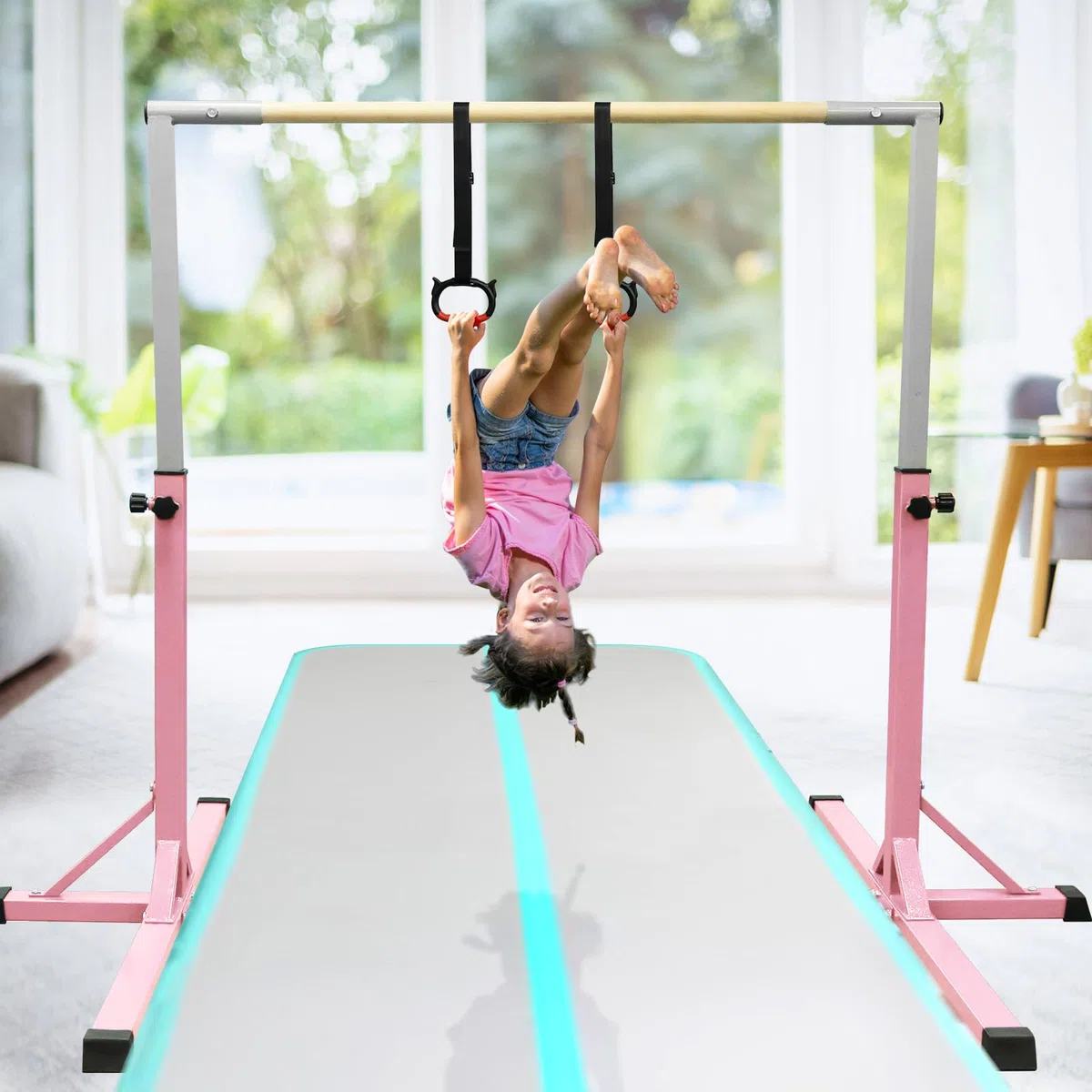 FBSPORT Barra da ginnastica orizzontale con anelli da ginnastica per bambini, regolabile in altezza 13 cm, per allenamento per bambini, attrezzatura da ginnastica per casa, palestra, interni,