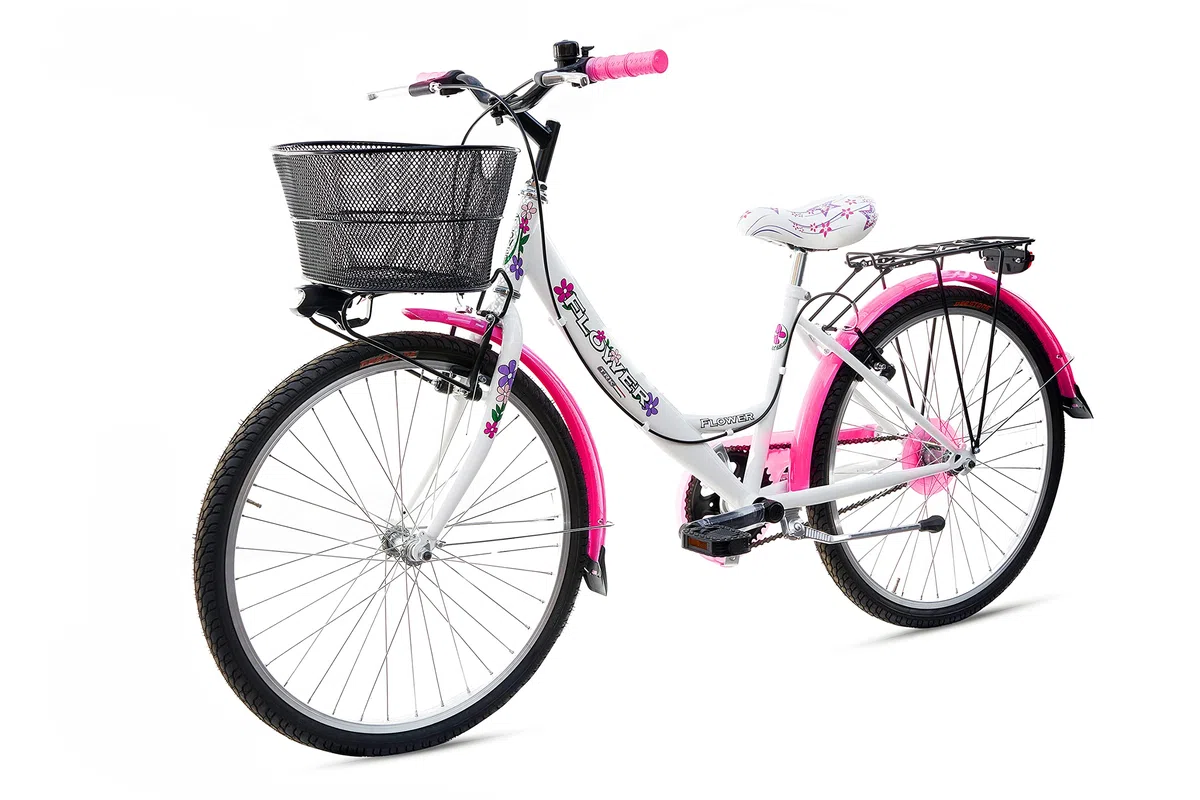 MADICKS Bicicletta Bambina Ragazza da Passeggio Misura 24 Bici con Cestino Floreale Bianco Rosa Fluo