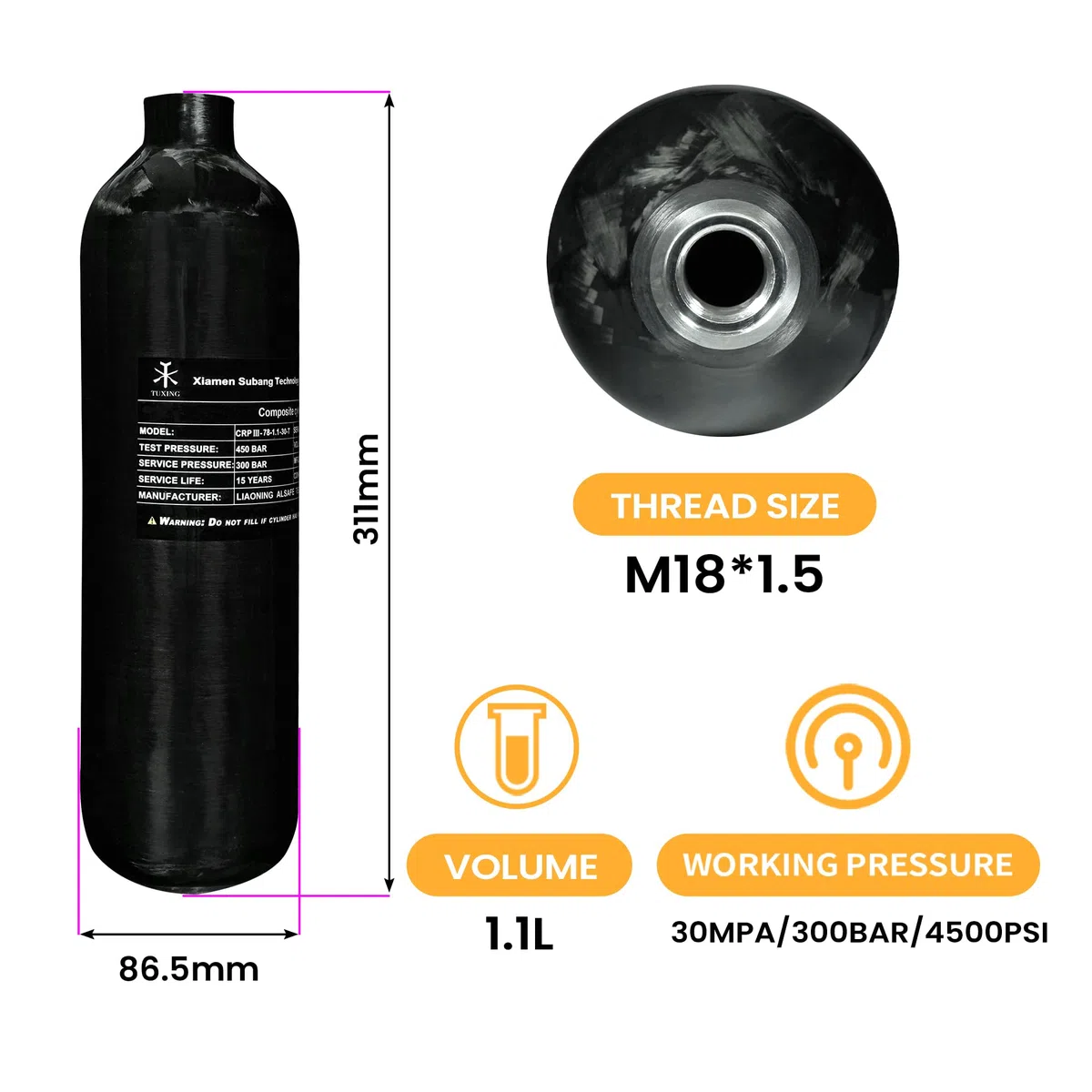 30Mpa 4500Psi 1.1L 67Cu in Serbatoio HPA in Fibra di Carbonio da 700 CC, bombola del Gas, Caccia al Paintball per Fucile ad Aria compressa PCP Daystate e Filettatura FX M18 * 1.5zwart