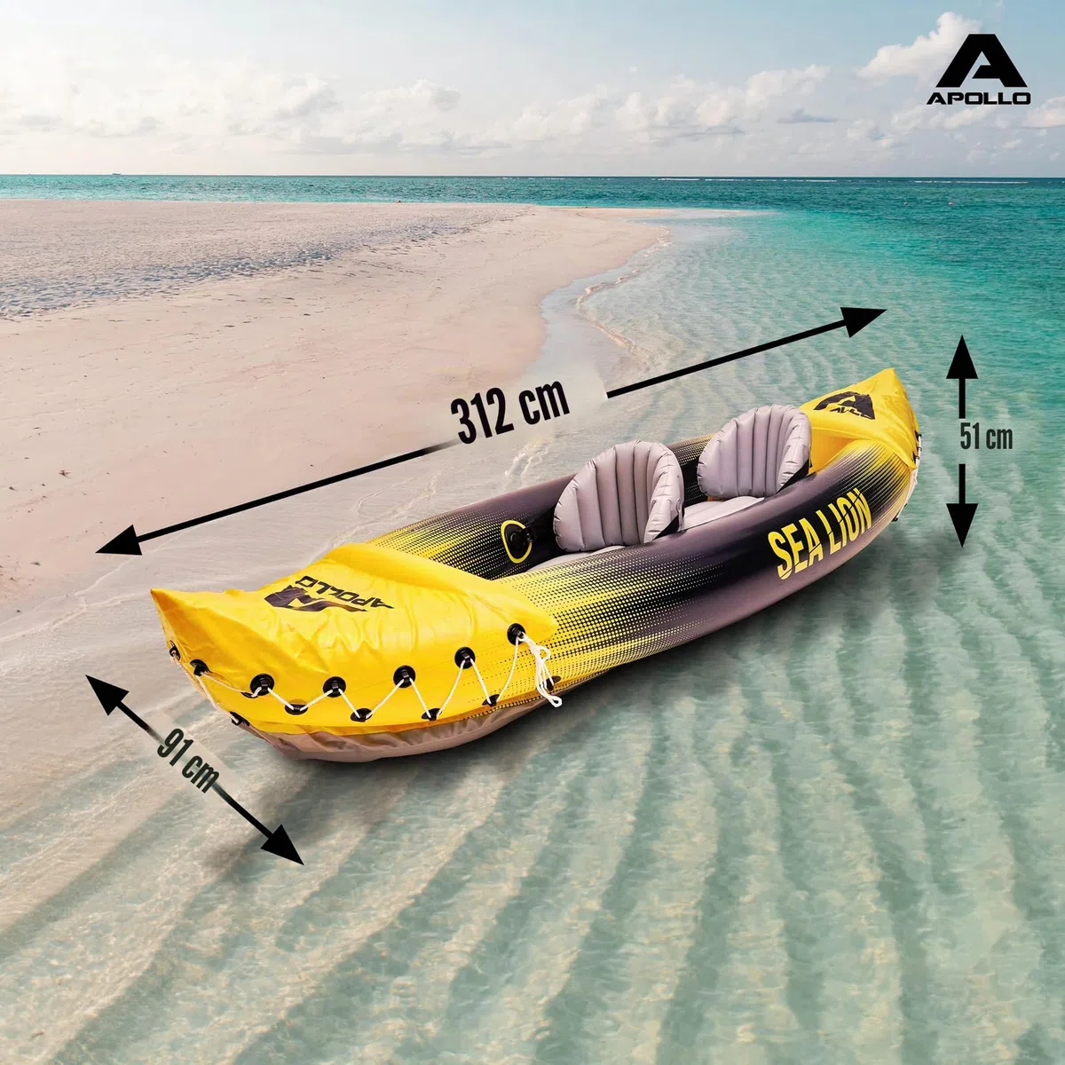 Apollo Kayak Sea Lion | Gonfiabile 2 Posti, Super Capiente 312 x 91 x 51 cm | Canoa Stabile e Leggera | Comodo e Maneggevole per 2 Persone | Set Completo Pronto all'Uso