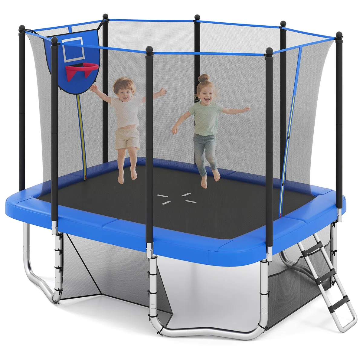 COSTWAY Trampolino da Esterno per Bambini e Adulti 317 x 255 cm, Tappeto Elastico Rettangolare con Canestro da Basket, Porta da Calcio, Scala Antiscivolo, Rete e Telaio in Acciaio