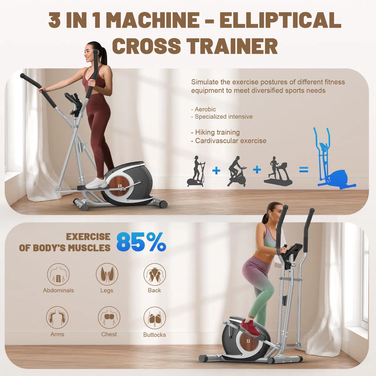 Ellittiche Da Casa, Macchina Ellittica Magnetica Con 16 Livelli Di Resistenza, Monitor LCD, Pedale Antiscivolo, Portabottiglie, Fino a 265 LBS Fitness Esercizio Ellittico Stepper 3 in 1
