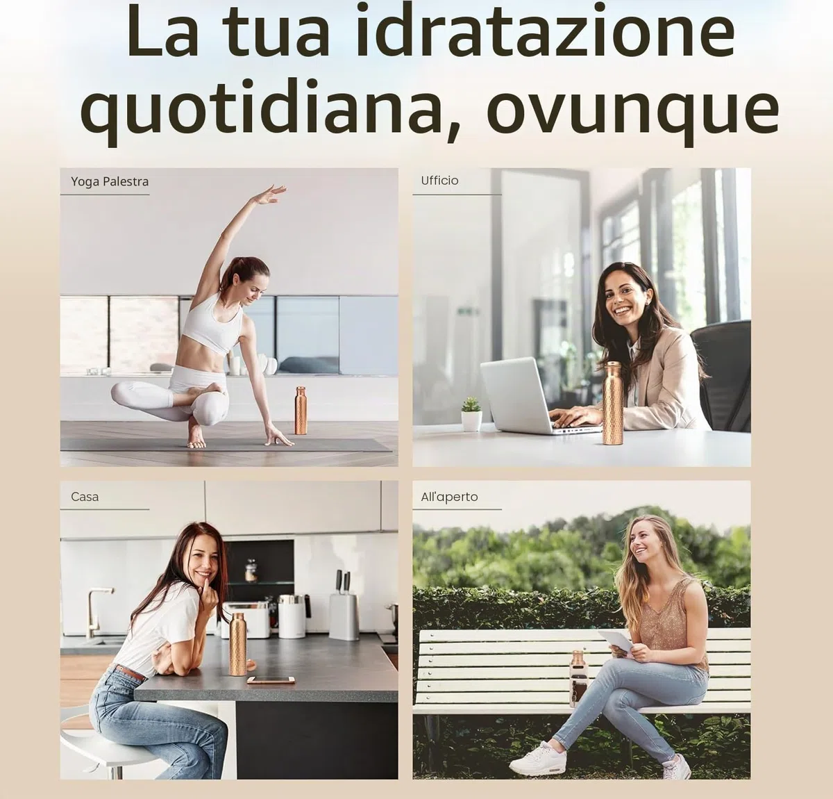 Bottiglia Acqua in Rame Puro Martellato 950 ml – Bottiglia Ayurvedica Antiperdita Senza BPA per Yoga Palestra Viaggi e Ufficio con Borsa in Tela Tasche e Spazzola Pulizia Inclusa