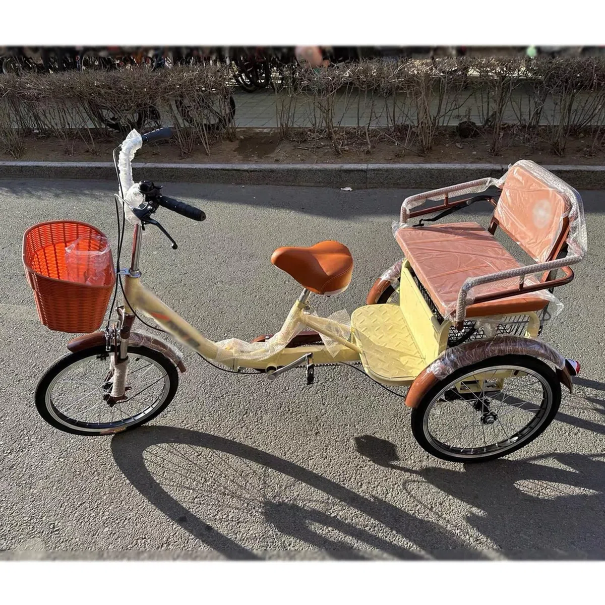 Adulti Tricicli for adulti Bicicletta da crociera leggera a tre ruote, triciclo per adulti a due posti, bici a tre ruote per il trasporto di passeggeri e merci, bici da viaggio per genitori(Beige)