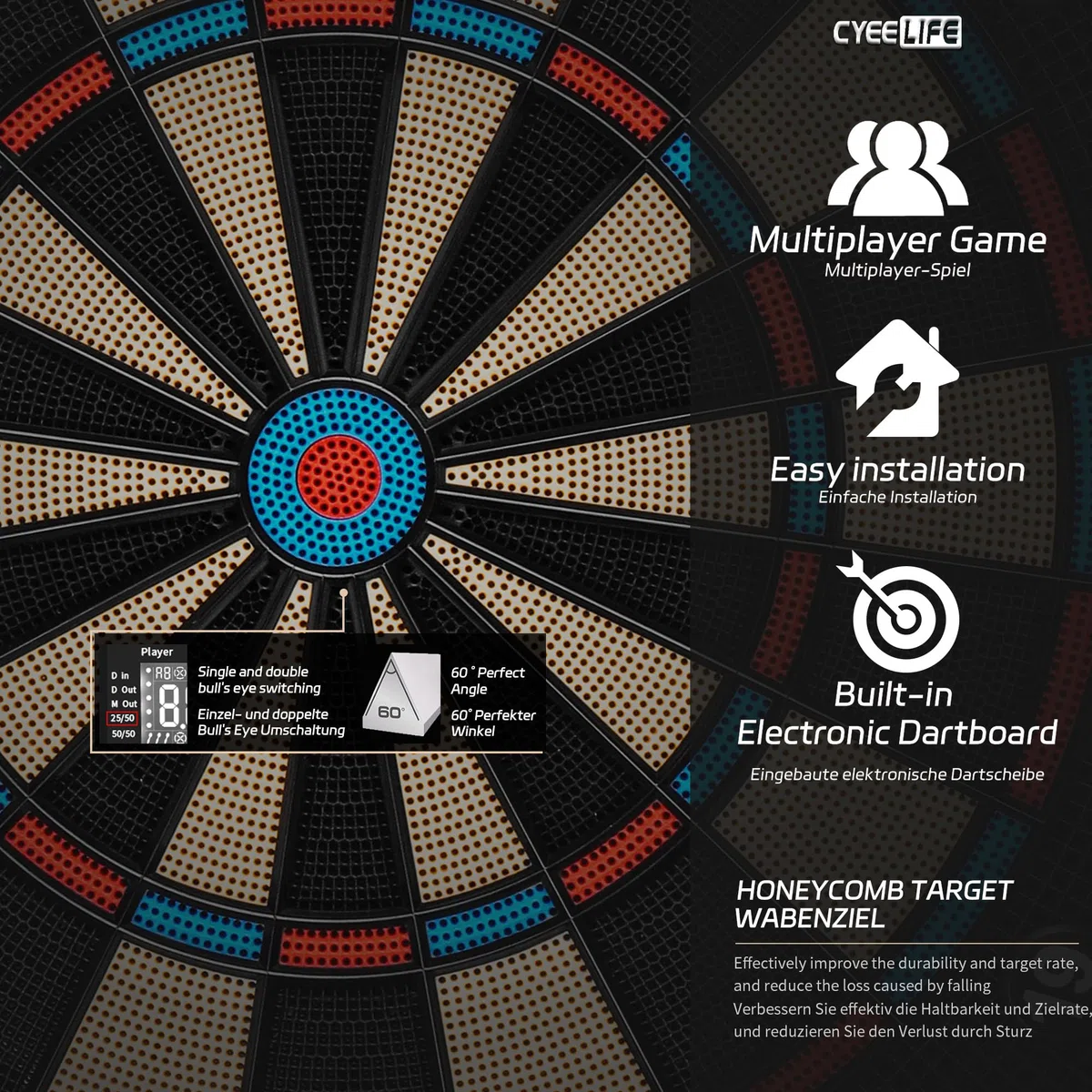 CyeeLife Bersaglio per Freccette Elettronico con Cabinet in Legno, Dartboard Elettronico, Bersaglio con 34 Giochi e 355 Varianti, Modalità per 8 Giocatori, Display LED