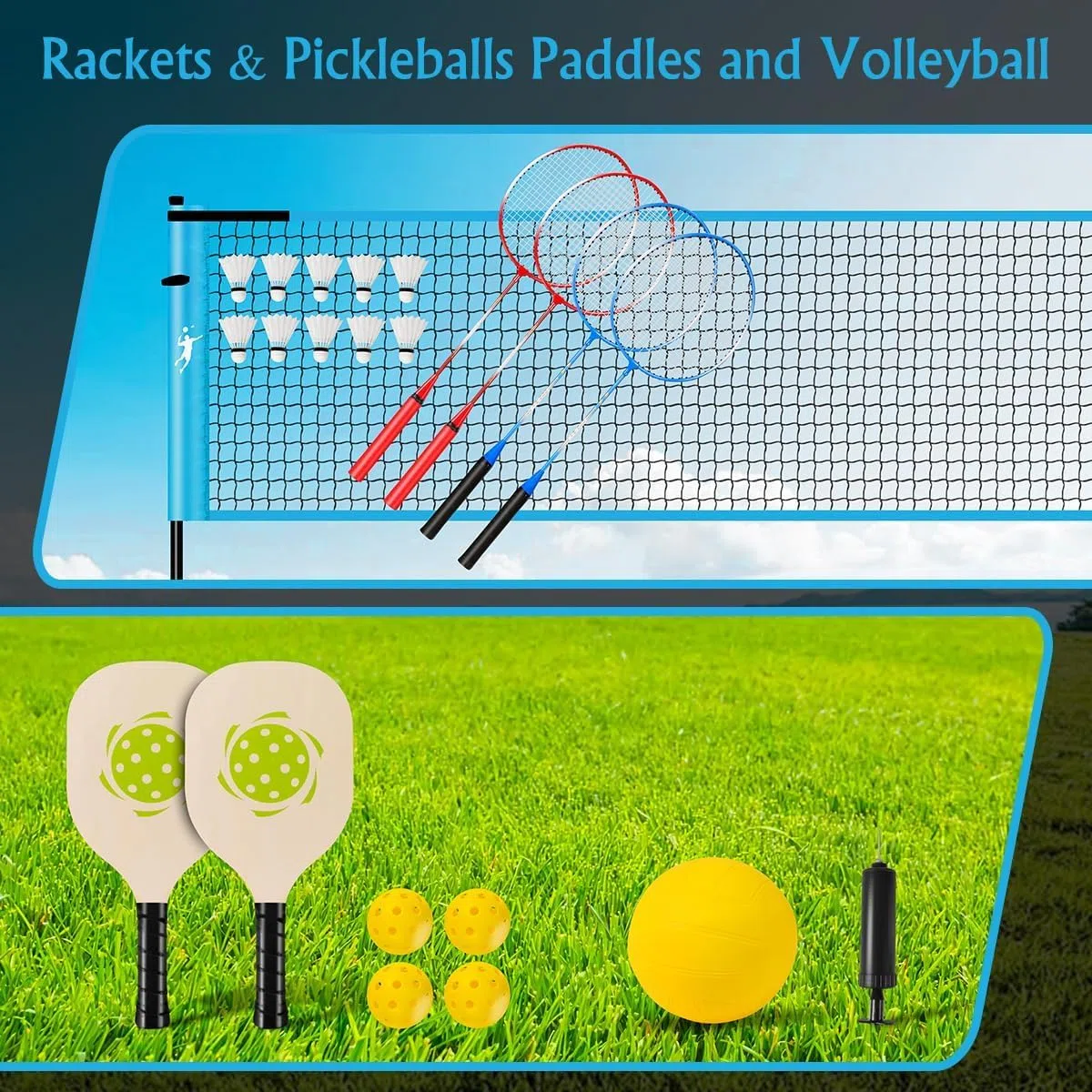 Rete Multisport Regolabile per Badminton, Pallavolo, Pickleball e Tennis | Set Portatile con Paddle e Racchette, 5 Punti di Ancoraggio Indoor/Outdoor