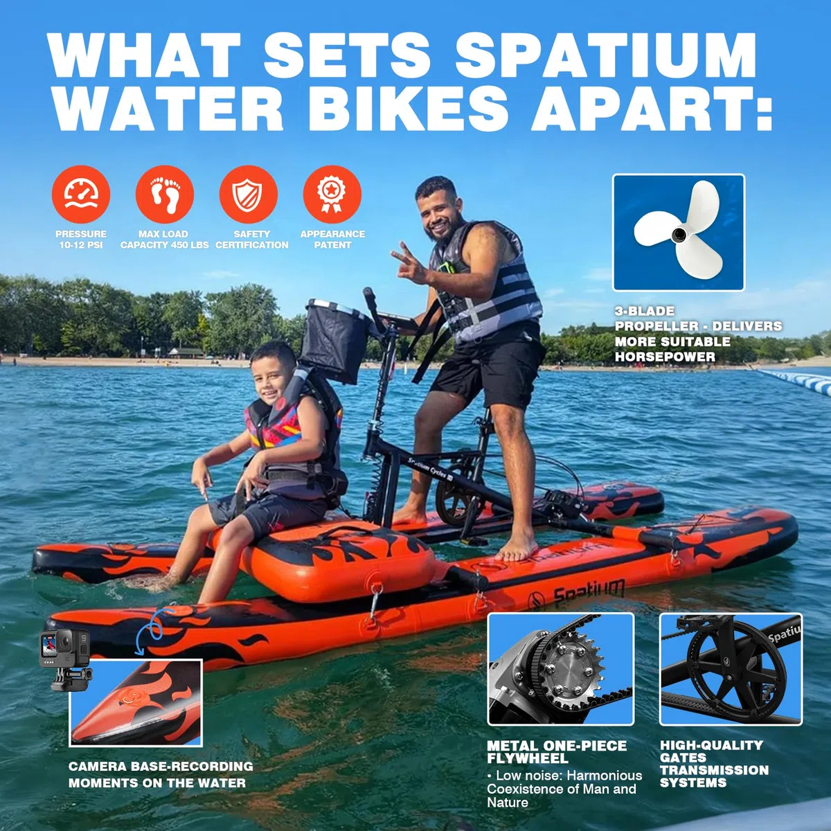 Spatium Biciclette ad acqua per lago, gonfiabili, 3.0, per adulti, gonfiabili, pontone, acqua, 3 foglie, elica monopezzo, marcia posteriore, SUP, acqua con tappetino, nero arancione +