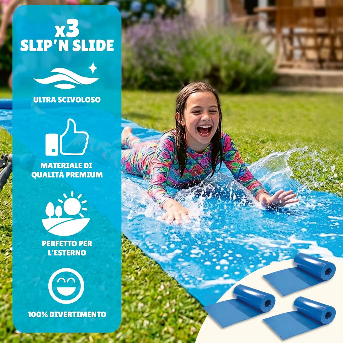 Maxi Giant Slip And Slide Ufficiale XXXXXL | 30 Metri di planata | Triple | Tappetino Scorrevole di qualità Premium | Slittino più Veloce | Scivolo d'Acqua più Forte | OriginalCup