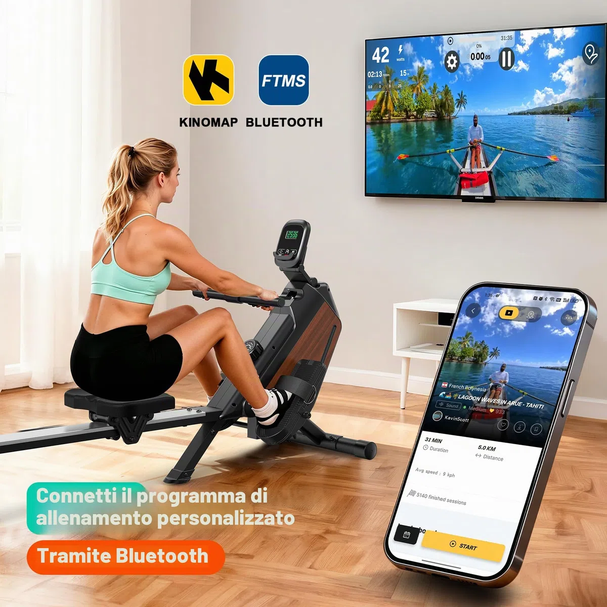 Vogatore per casa, vogatore magnetico, resistenza a 16 livelli, silenzioso, per allenamento cardio, connessione app, portata 160 kg, verticale