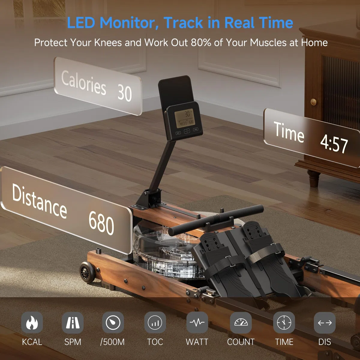 Vogatore Professionale per Casa, Vogatore ad Acqua Tripla Pieghevole con Regolazione di 5 Livelli, Capacità di Peso 180KG con Monitor a LED, Compatibile con l'app Noce