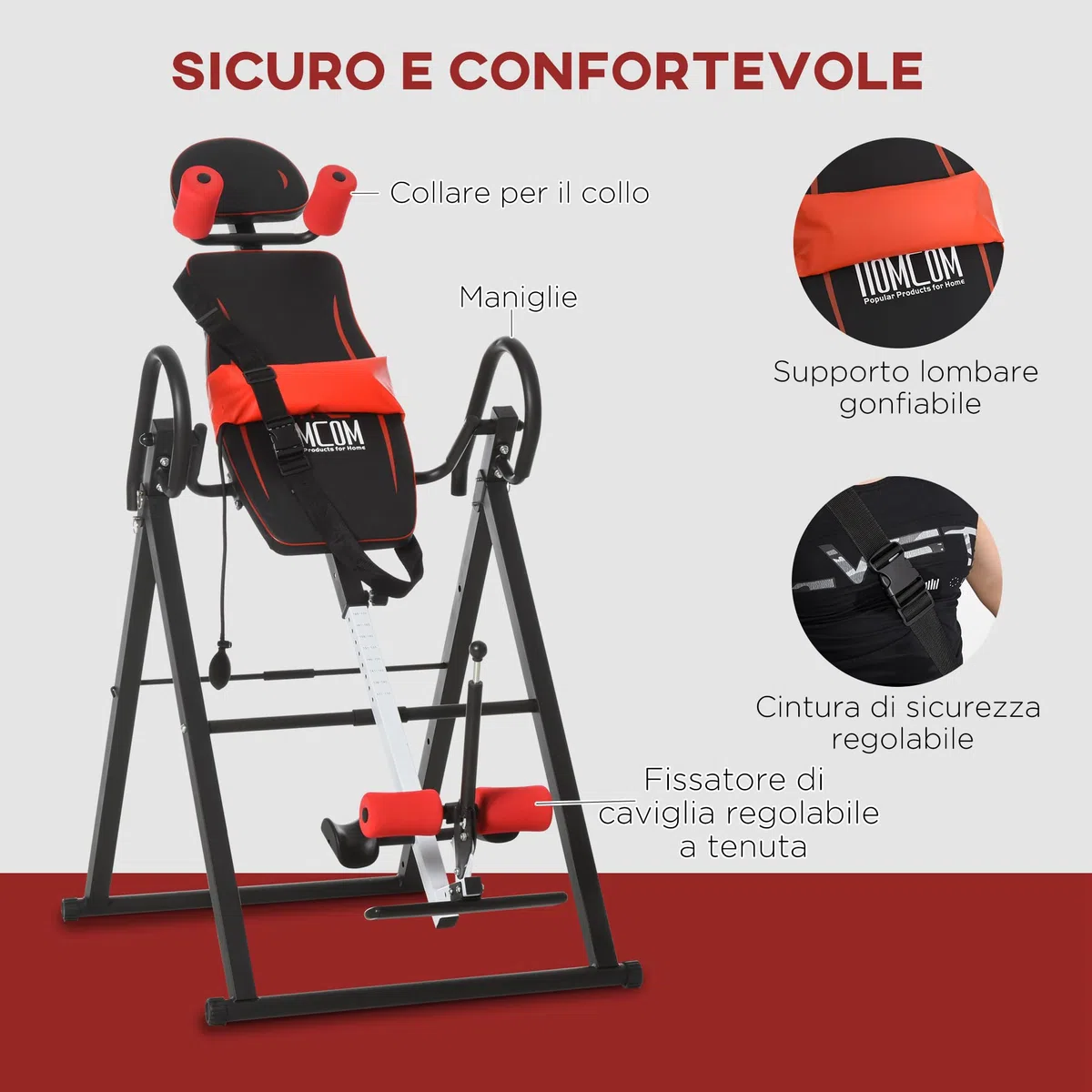 HOMCOM Panca a Inversione con Angolazione e Altezza Regolabile e Poggiatesta, Panca Inversa in Acciaio e Plastica, 79x114x153 cm, Rosso e Nero